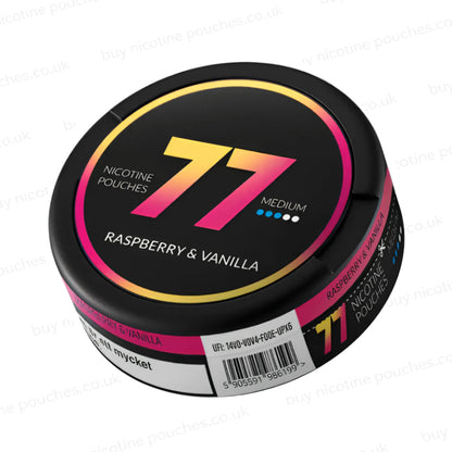 Angled shot of a black nicotine pouch container with yellow and magenta 77 Raspberry & Vanilla branding on a white background.