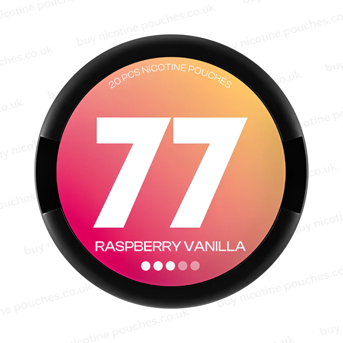 A round nicotine pouch can with a black rim and a colorful label. The label features a gradient from pink to orange to yellow, with a large white number 77 in the center, the text '77 RASPBERRY VANILLA', and '20 PCS NICOTINE POUCHES' at the top.