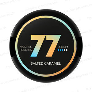 Circular nicotine pouch tub with orange and light blue 77 Salted Caramel branding on a white background.