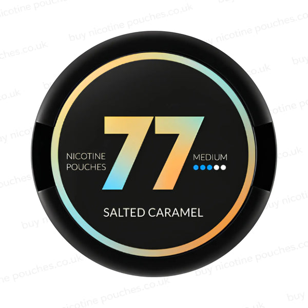 Circular nicotine pouch tub with orange and light blue 77 Salted Caramel branding on a white background.