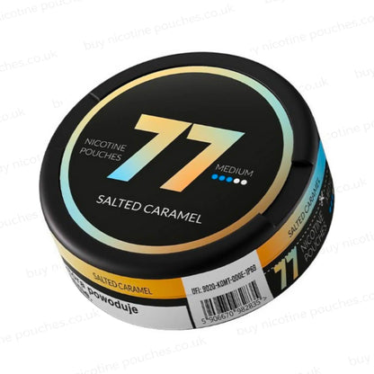 Tilted shot of a circular nicotine pouch tub with orange and light blue 77 Salted Caramel branding on a white background.