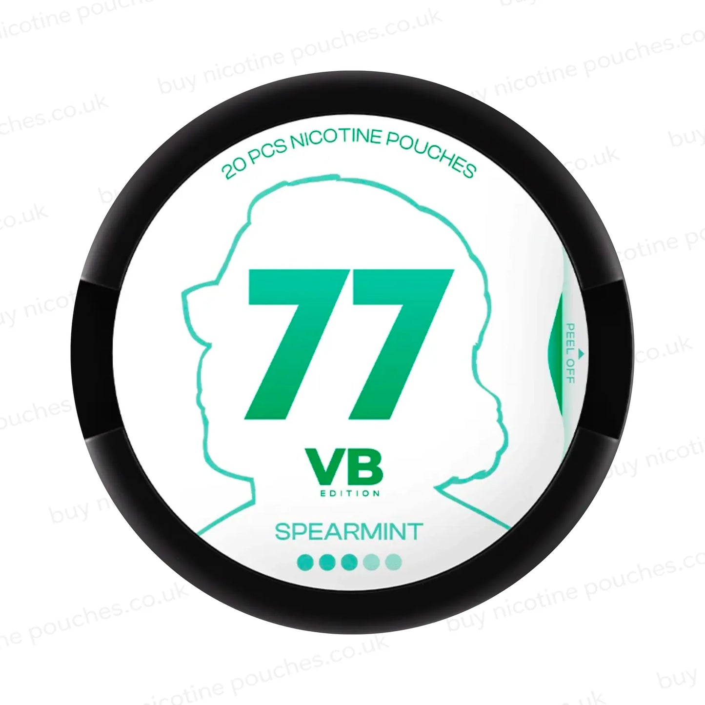 Black nicotine pouch container with turquoise and white 77 Spearmint VB branding on a white background