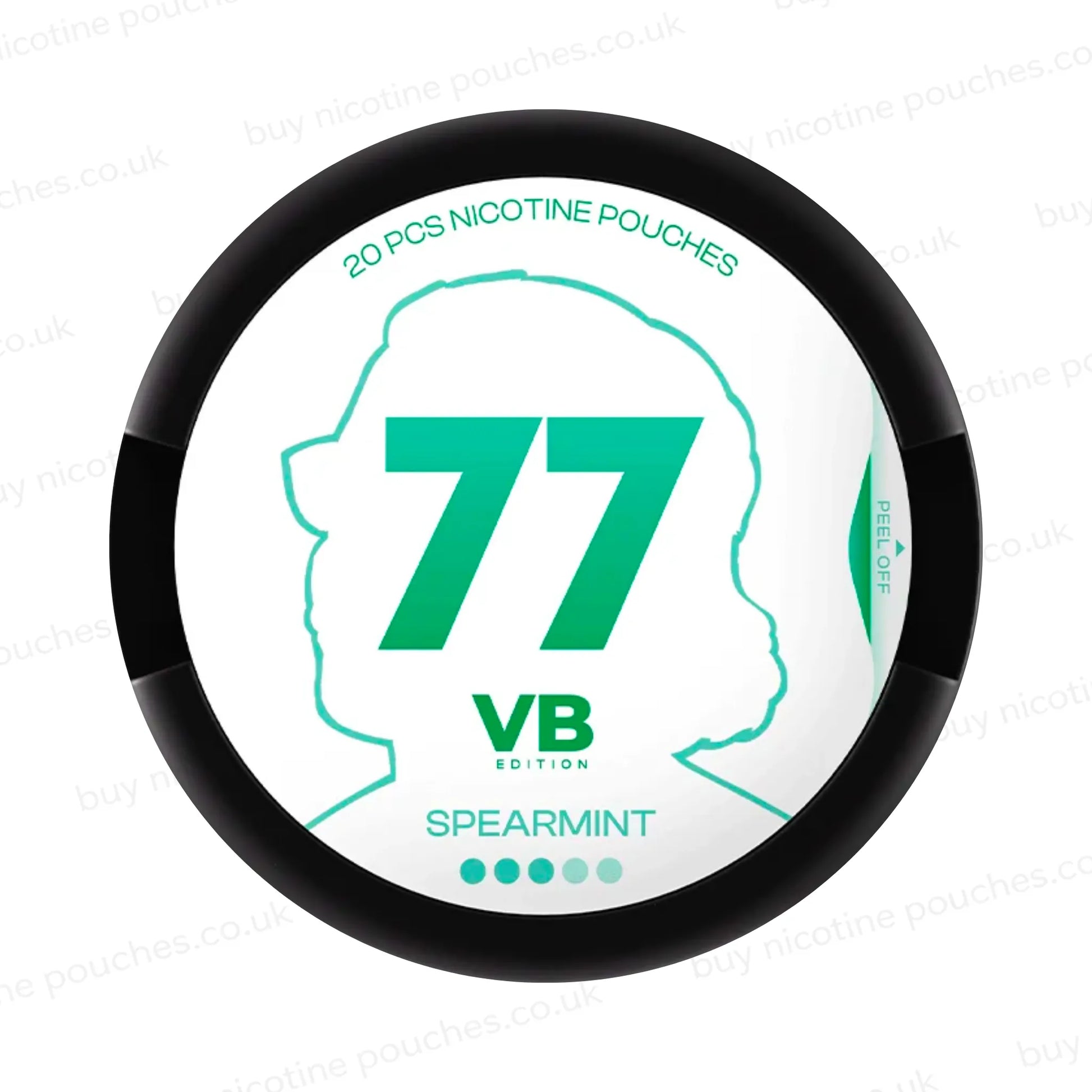 Black nicotine pouch container with turquoise and white 77 Spearmint VB branding on a white background