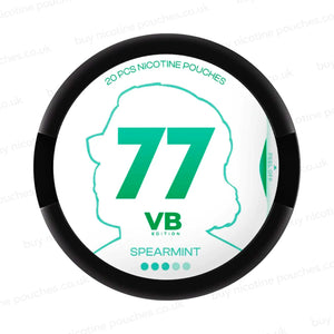 Black nicotine pouch container with turquoise and white 77 Spearmint VB branding on a white background