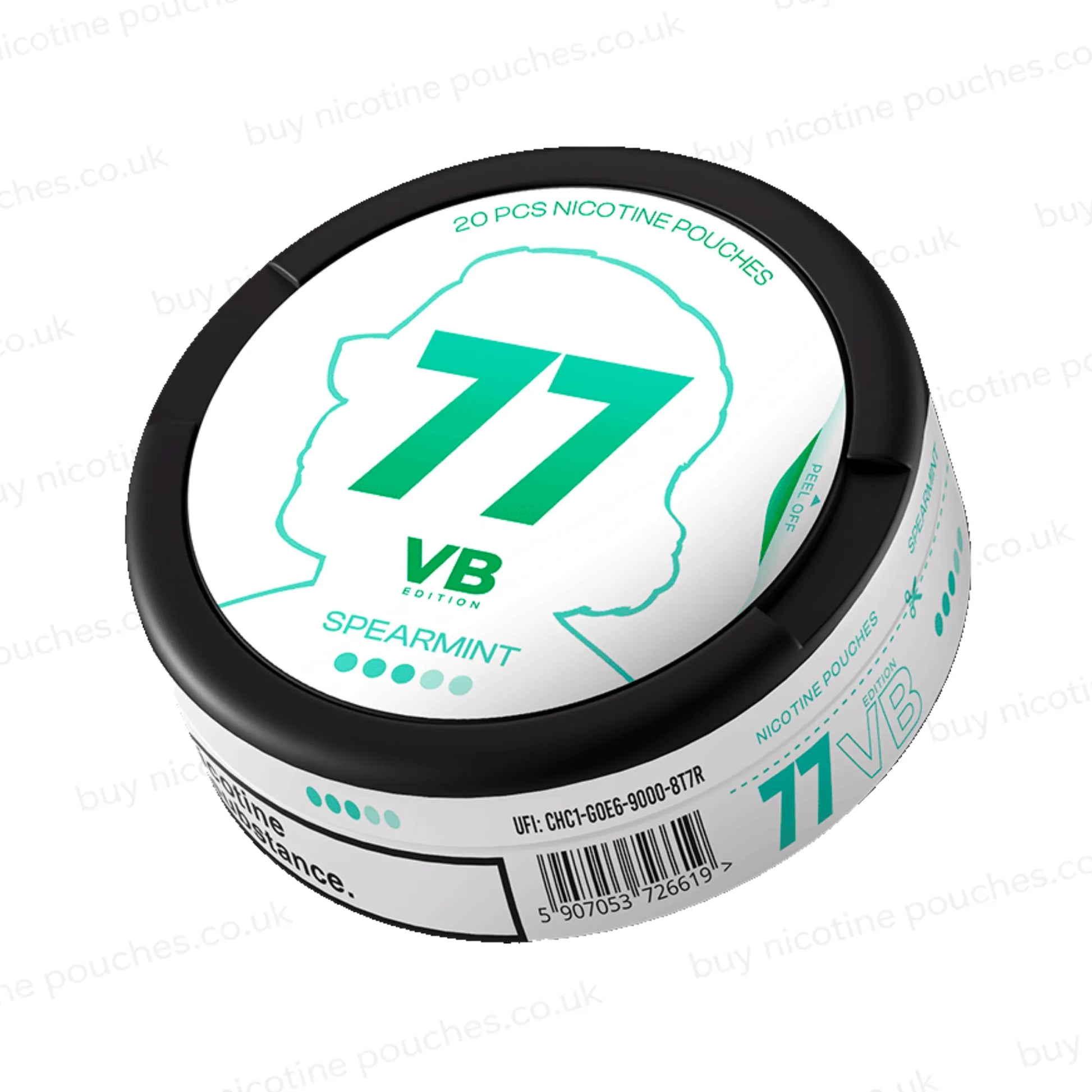 Angled shot of a black nicotine pouch container with turquoise and white 77 Spearmint VB branding on a white background