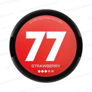 Black nicotine pouch container with red 77 Strawberry branding on a white background.