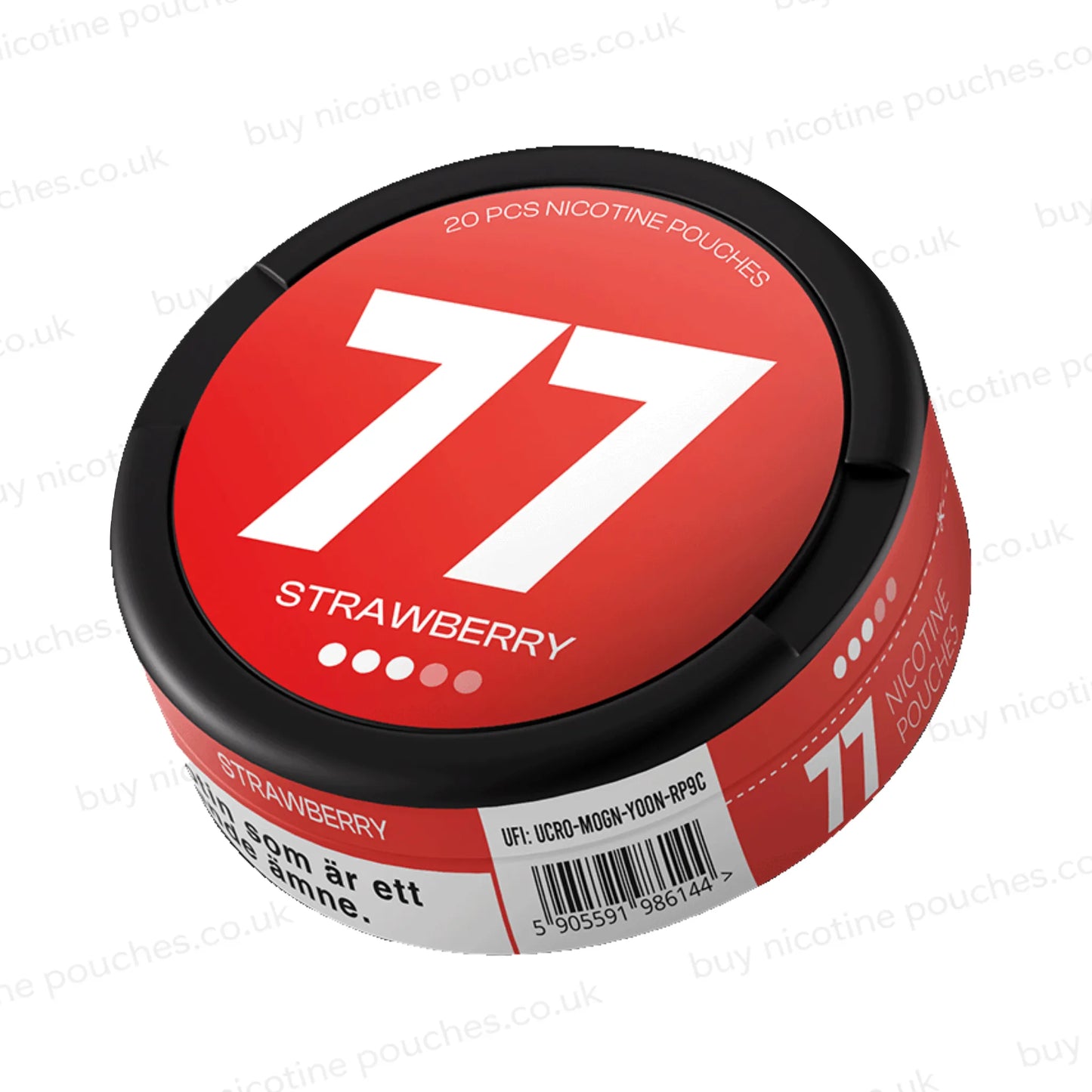 Angled shot of a black nicotine pouch container with red 77 Strawberry branding on a white background.