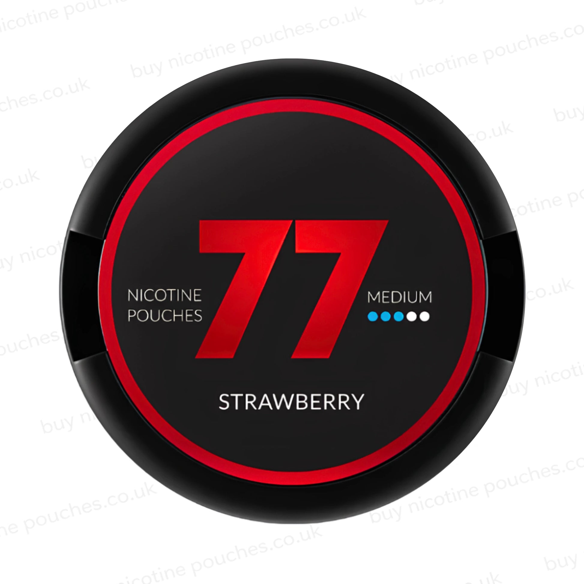 Circular nicotine pouch tub with black and red 77 Strawberry branding on a white background.