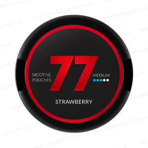 Circular nicotine pouch tub with black and red 77 Strawberry branding on a white background.