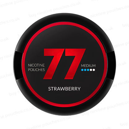 Circular nicotine pouch tub with black and red 77 Strawberry branding on a white background.