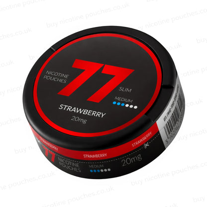 Angled shot of a circular nicotine pouch tub with black and red 77 Strawberry branding on a white background.