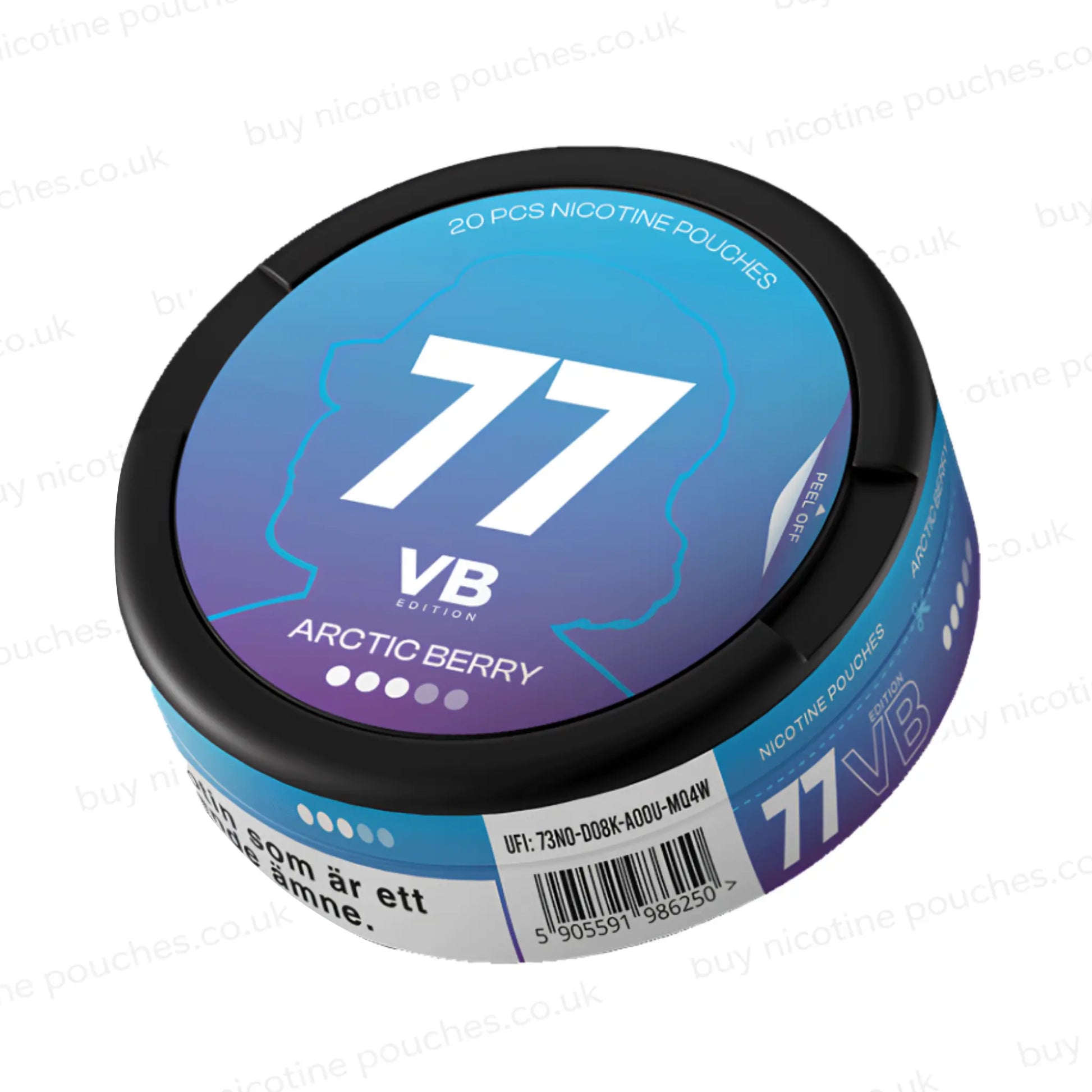 Angled shot of a circular nicotine pouch tub with blue and purple 77 VB Edition Arctic Berry branding on a white background.