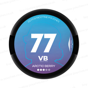 Circular nicotine pouch tub with blue and purple 77 VB Edition Arctic Berry branding on a white background.