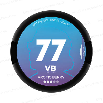 Circular nicotine pouch tub with blue and purple 77 VB Edition Arctic Berry branding on a white background.