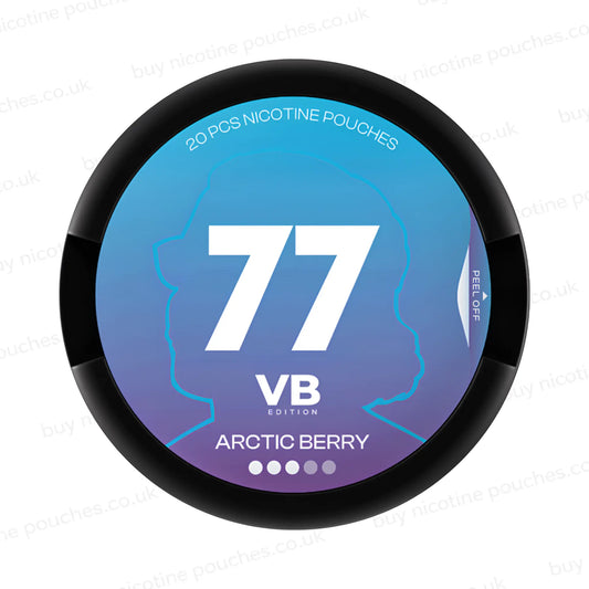 Circular nicotine pouch tub with blue and purple 77 VB Edition Arctic Berry branding on a white background.