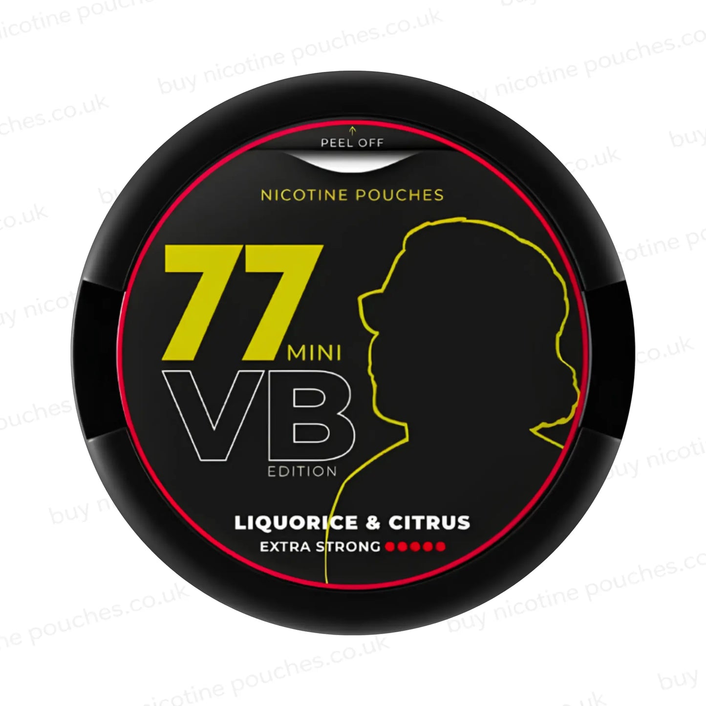 Circular nicotine pouch tub with black, yellow and red 77 VB Liquorice & Citrus branding on a white background.
