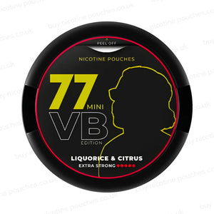 Circular nicotine pouch tub with black, yellow and red 77 VB Liquorice & Citrus branding on a white background.