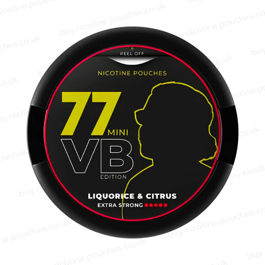 Circular nicotine pouch tub with black, yellow and red 77 VB Liquorice & Citrus branding on a white background.