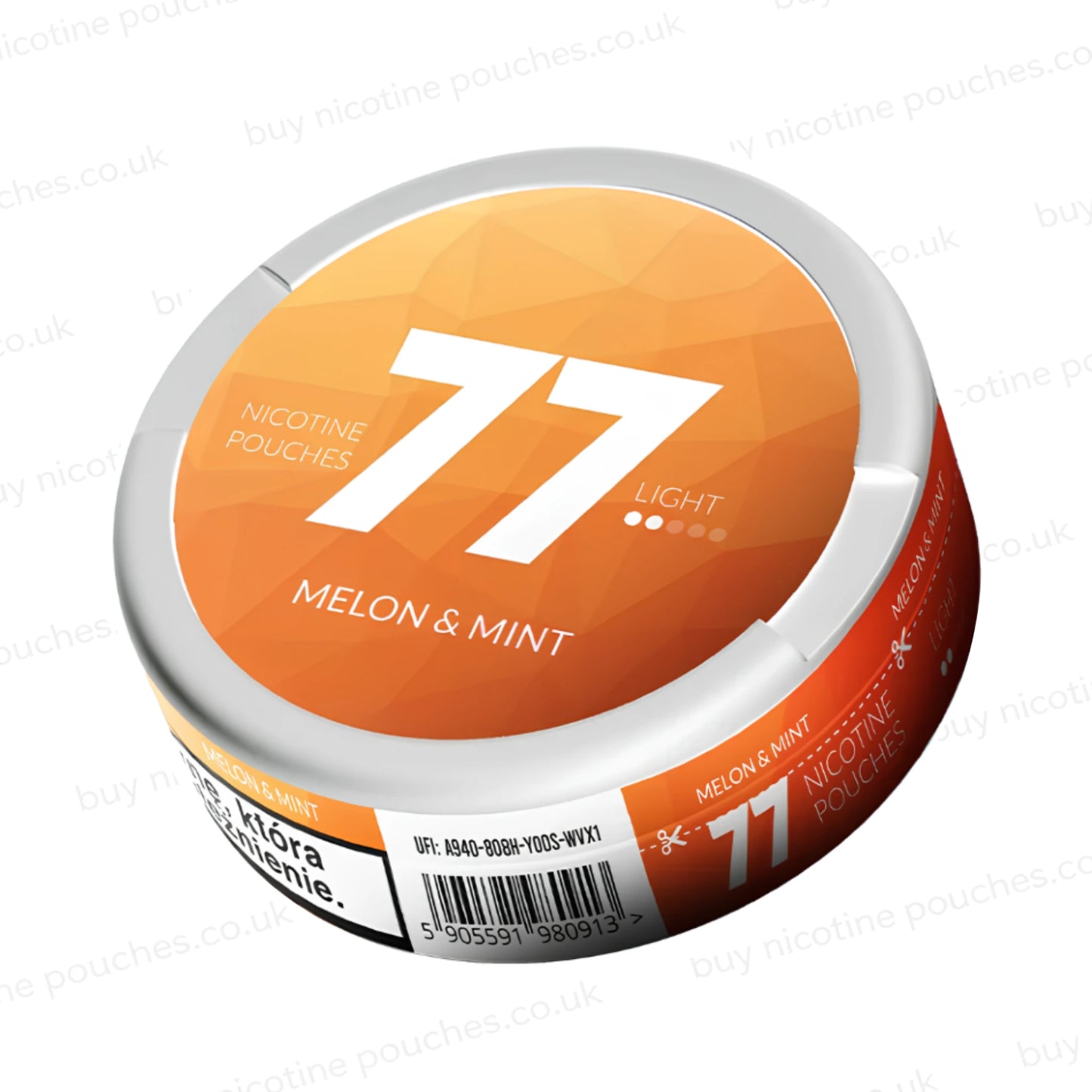 Angled shot of a circular nicotine pouch tub with light orange and white 77 Melon & Mint branding on a white background.