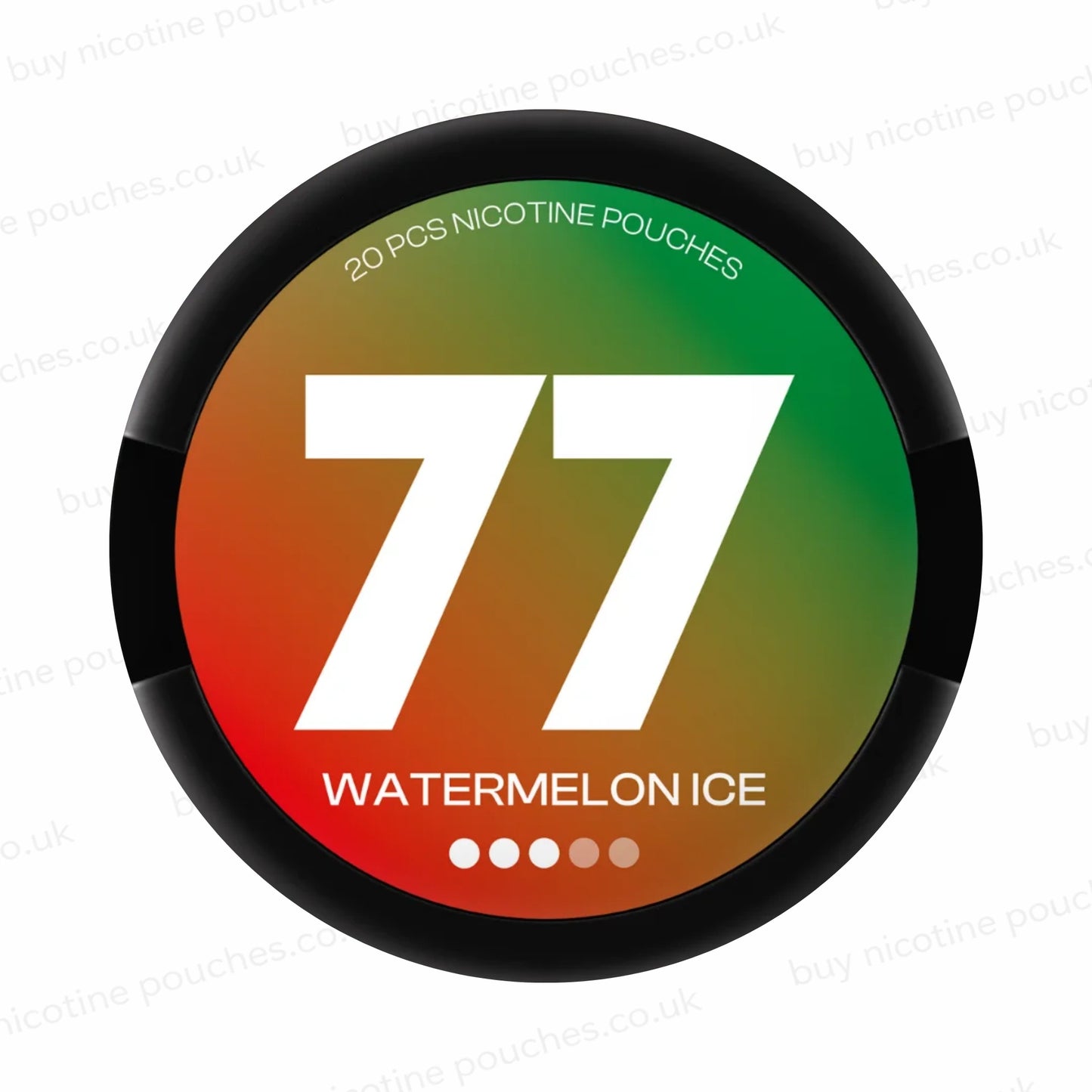 Nicotine pouch tub with '77 Watermelon Ice' branding on a white background.