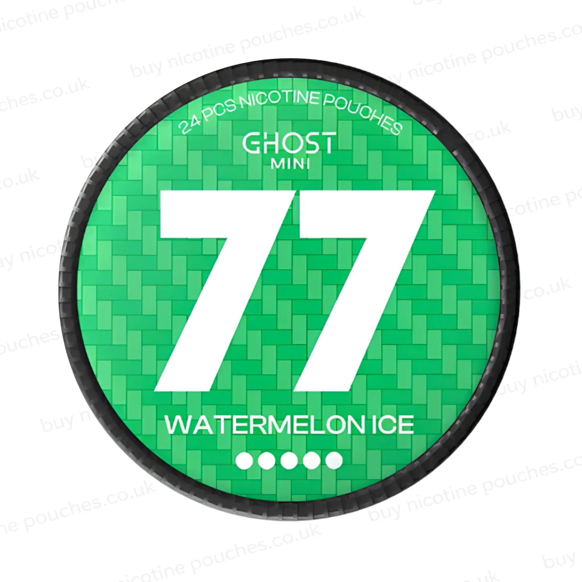 Green container with 'Ghost Mini 77 Watermelon Ice' text on a white background