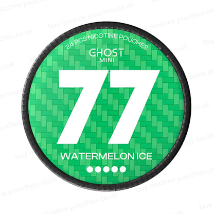 Green container with 'Ghost Mini 77 Watermelon Ice' text on a white background