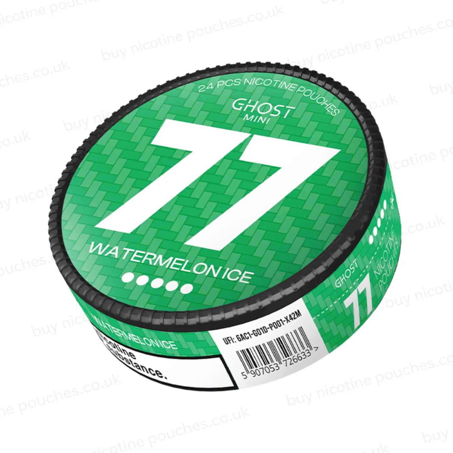 Green container with 'Ghost Mini 77 Watermelon Ice' text on a white background