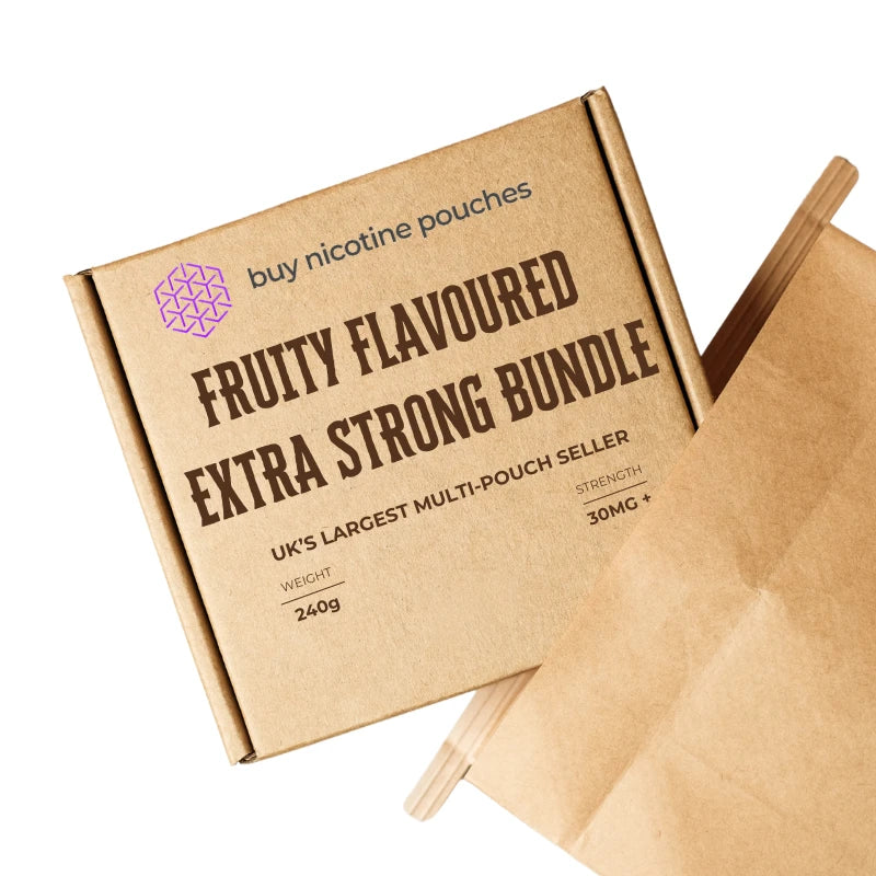 Brown cardboard box with Buy Nicotine Pouches branding, labeled 'Fruity Flavoured Extra Strong Bundle' on a white background
