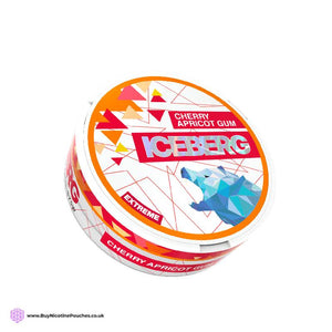 A can of Iceberg Cherry Apricot Gum Extreme Nicotine Pouches with a colorful label featuring geometric shapes and the flavor name.