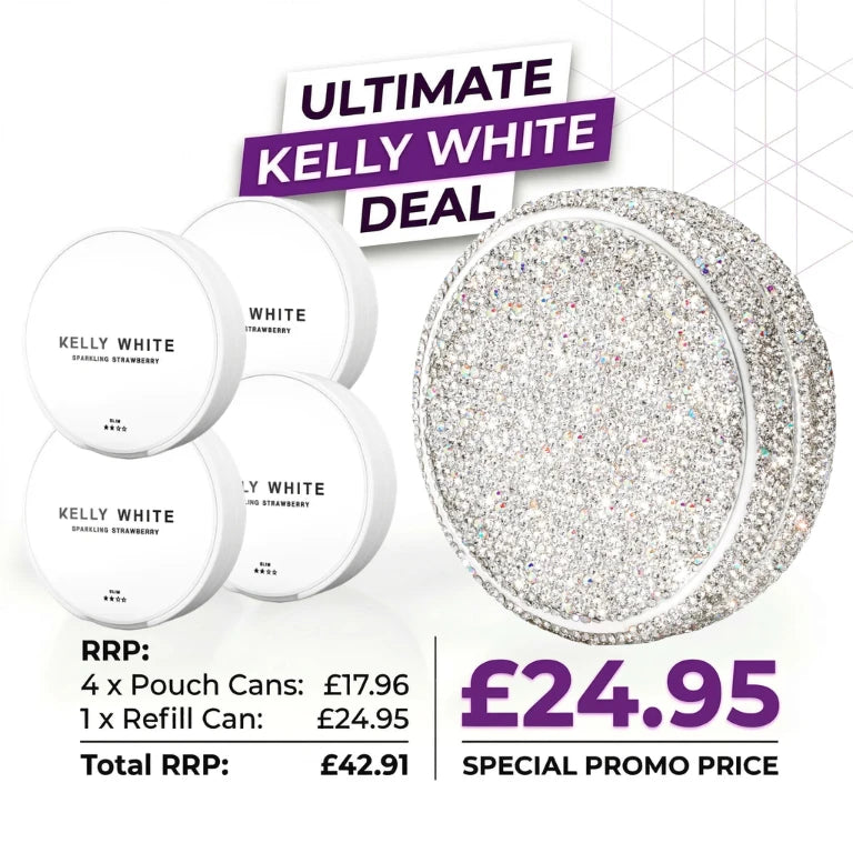 Bundle deal showing 4 tubs of Kelly White Sparkling Strawberry and a Sparkling Kelly Refillable Can with text and prices.