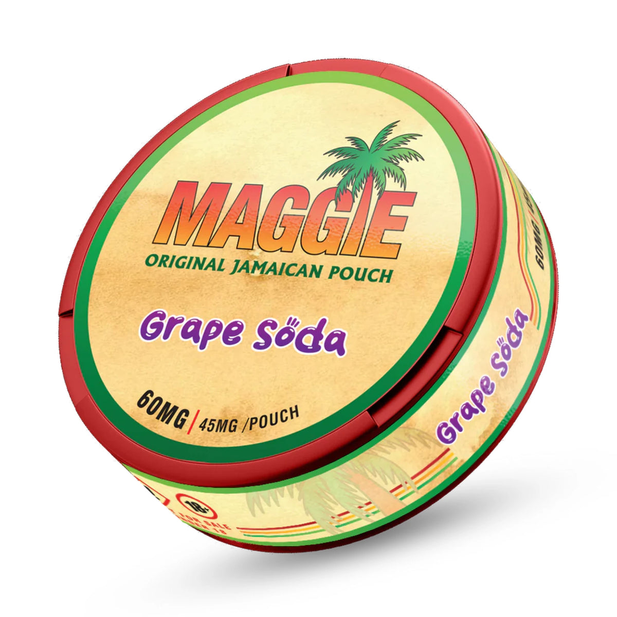 Nicotine pouch tub with Maggie Grape Soda 60mg branding on a white background