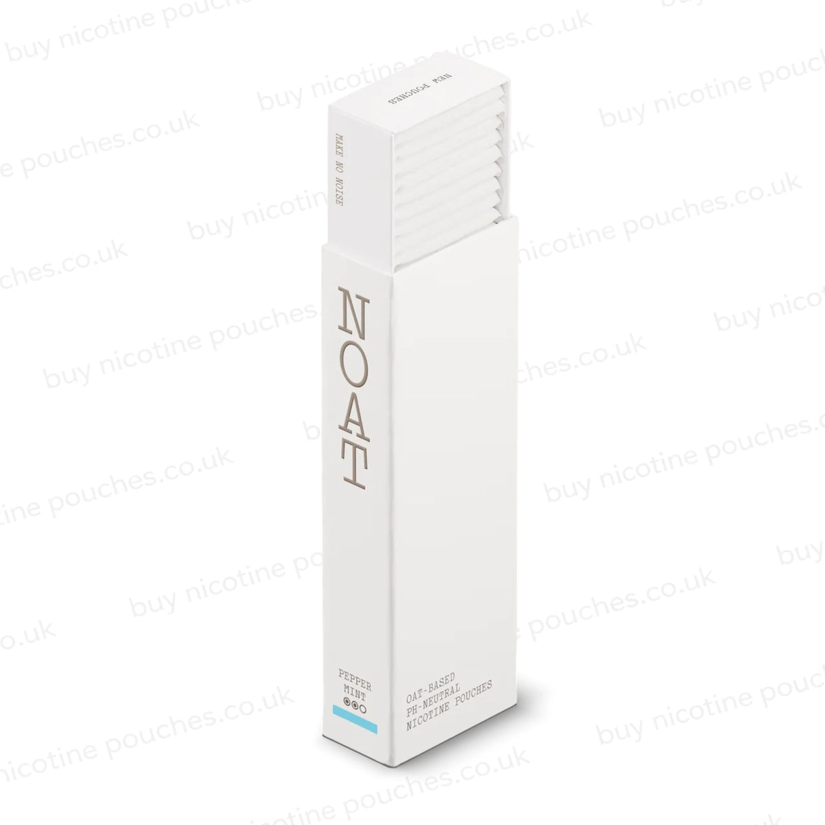 Nicotine pouch dispenser with 'NOAT Peppermint' branding on a white background, side angle.