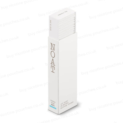 Nicotine pouch dispenser with 'NOAT Peppermint' branding on a white background, side angle.