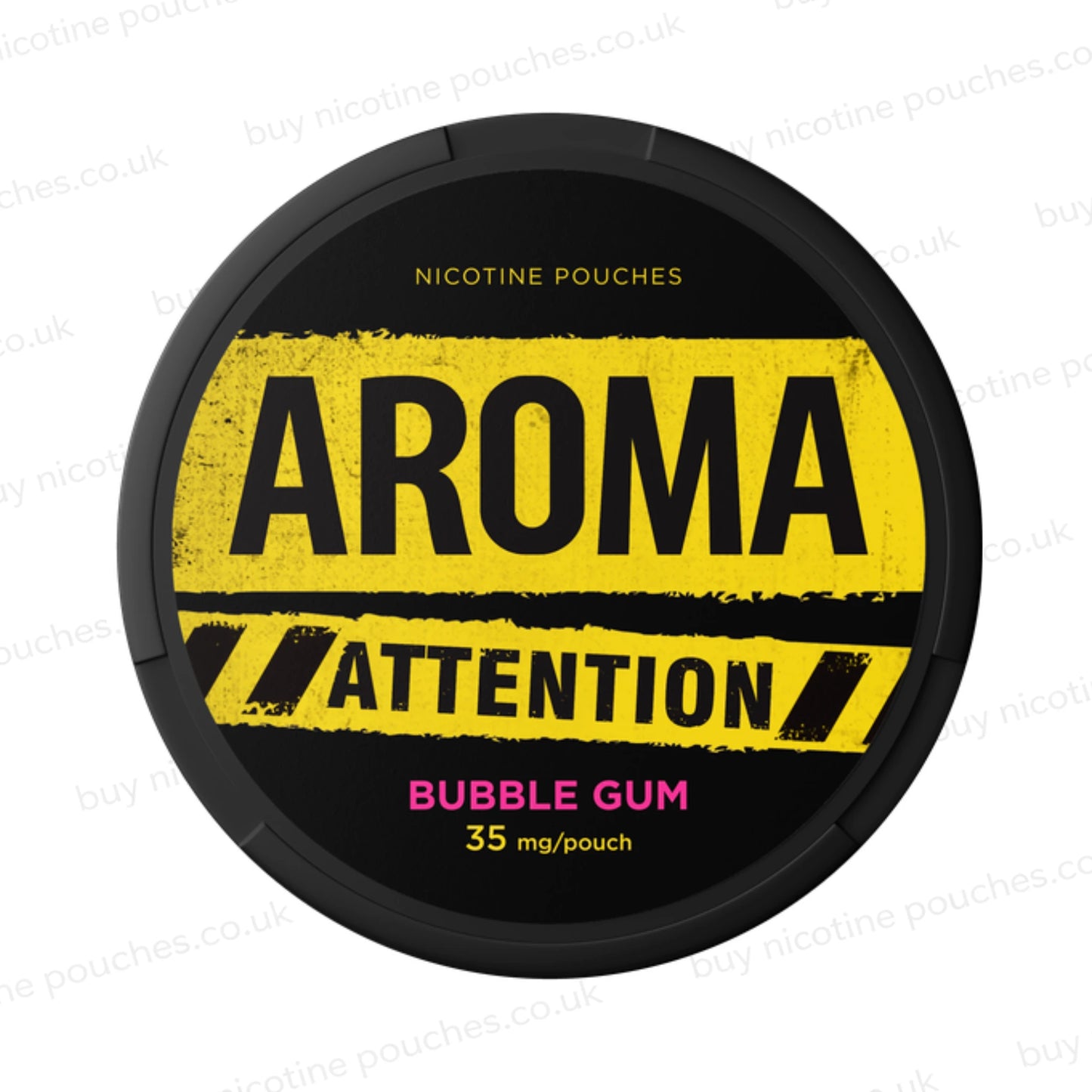 Black nicotine pouch container with yellow Aroma Attention Bubble Gum branding on a white background.