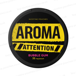 Black nicotine pouch container with yellow Aroma Attention Bubble Gum branding on a white background.