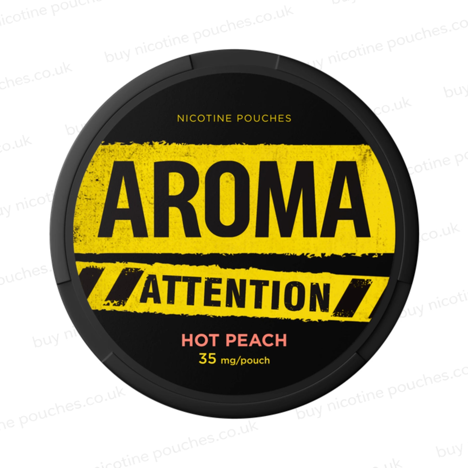 Black nicotine pouch container with yellow Aroma Attention Hot Peach branding on a white background.