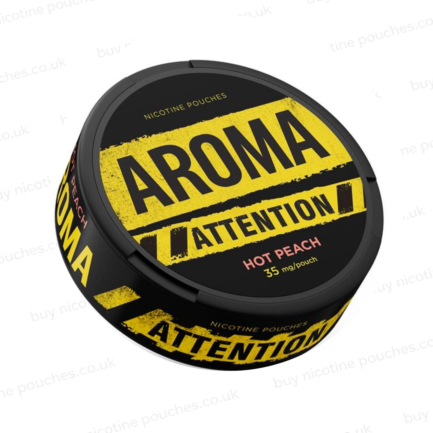 Angled shot of a black nicotine pouch container with yellow Aroma Attention Hot Peach branding on a white background.