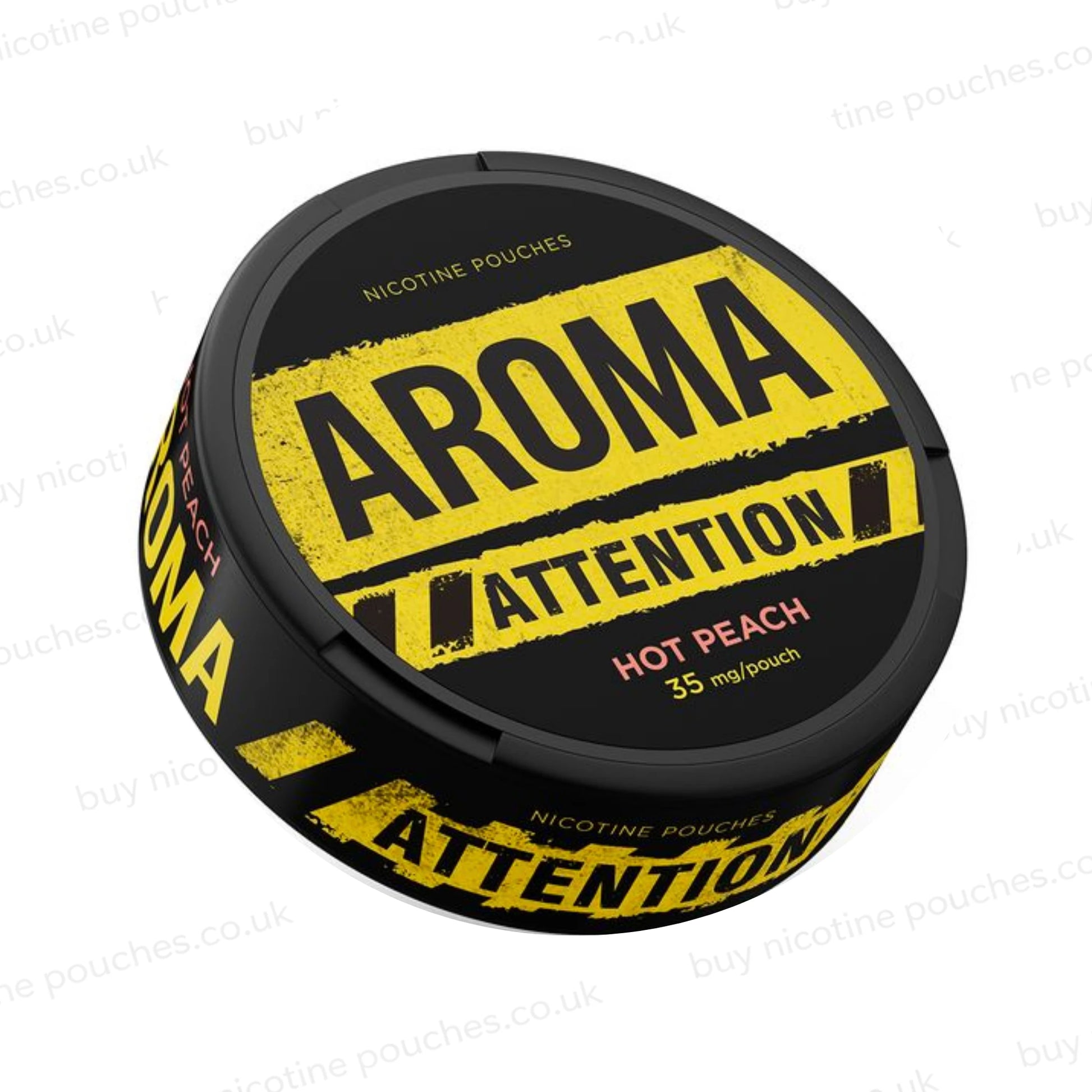 Angled shot of a black nicotine pouch container with yellow Aroma Attention Hot Peach branding on a white background.