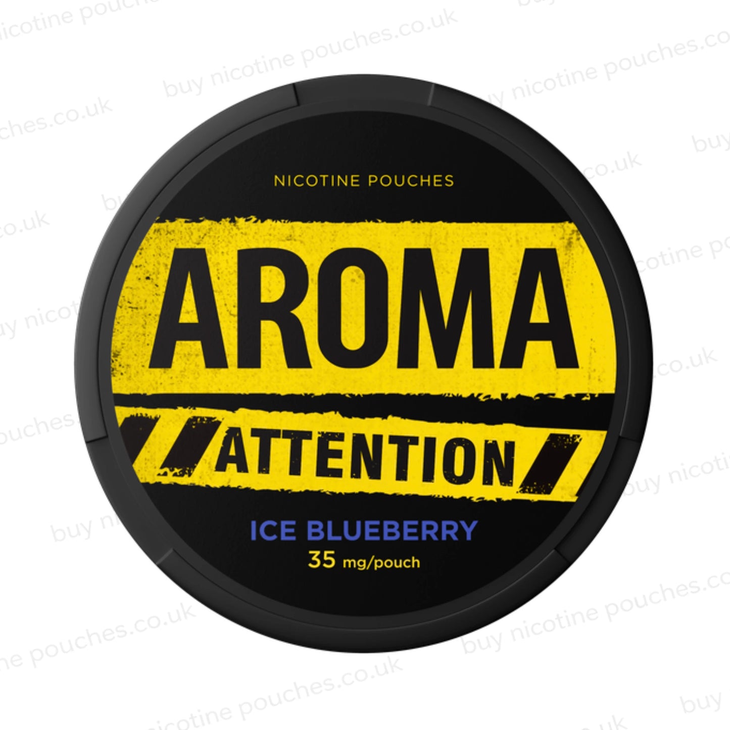 Black nicotine pouch container with yellow and blue Aroma Attention Ice Blueberry branding on a white background.