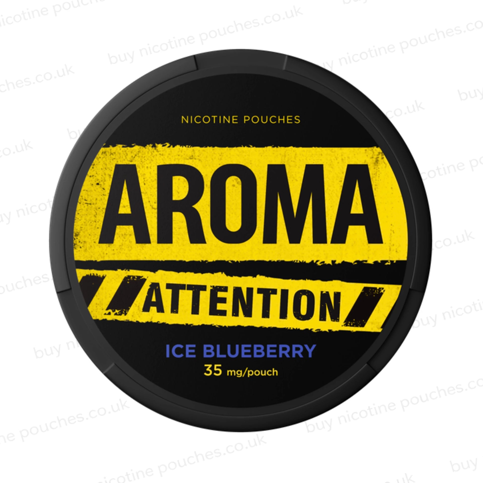 Black nicotine pouch container with yellow and blue Aroma Attention Ice Blueberry branding on a white background.