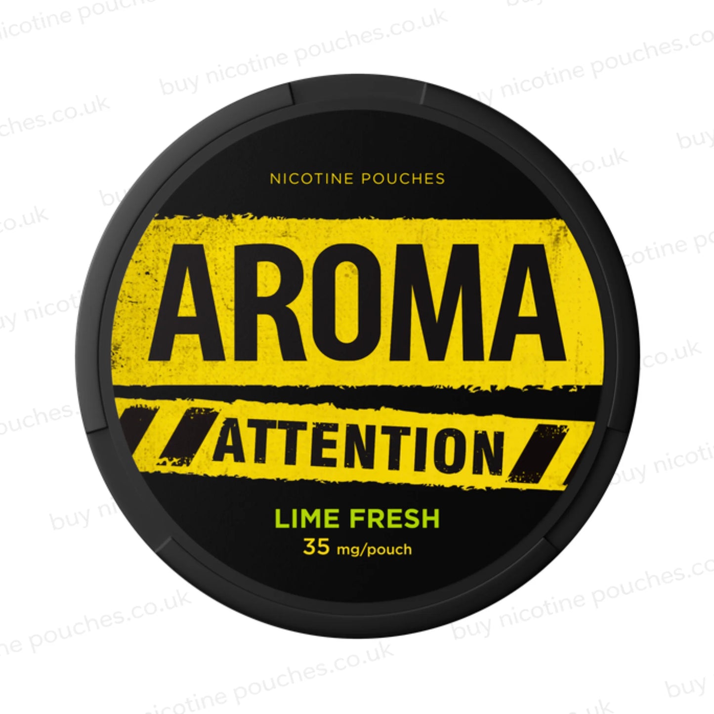 Black nicotine pouch container with yellow and green Aroma Attention Lime Fresh branding on a white background.