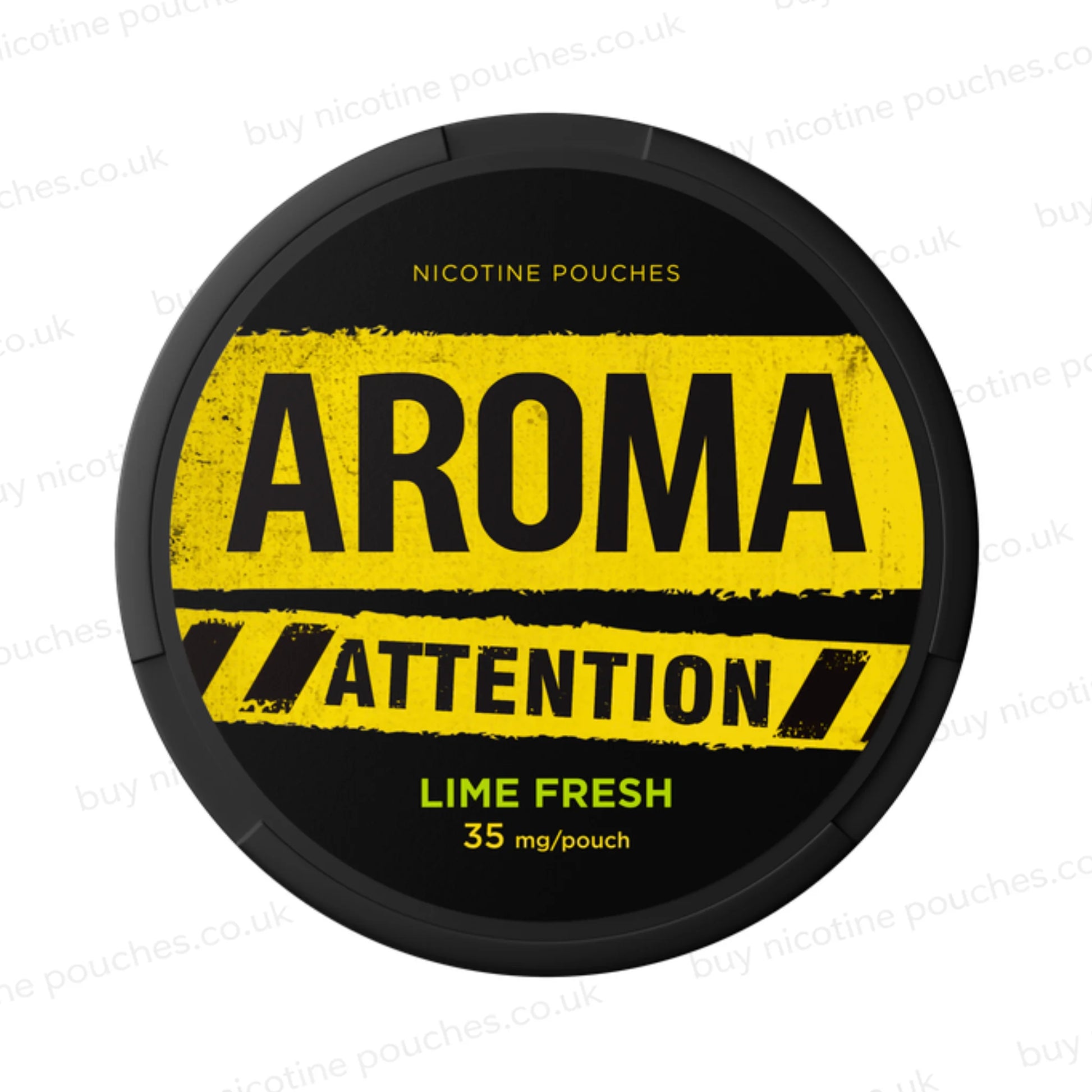 Black nicotine pouch container with yellow and green Aroma Attention Lime Fresh branding on a white background.