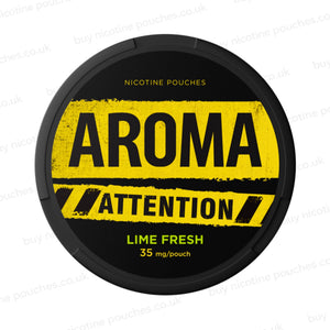 Black nicotine pouch container with yellow and green Aroma Attention Lime Fresh branding on a white background.