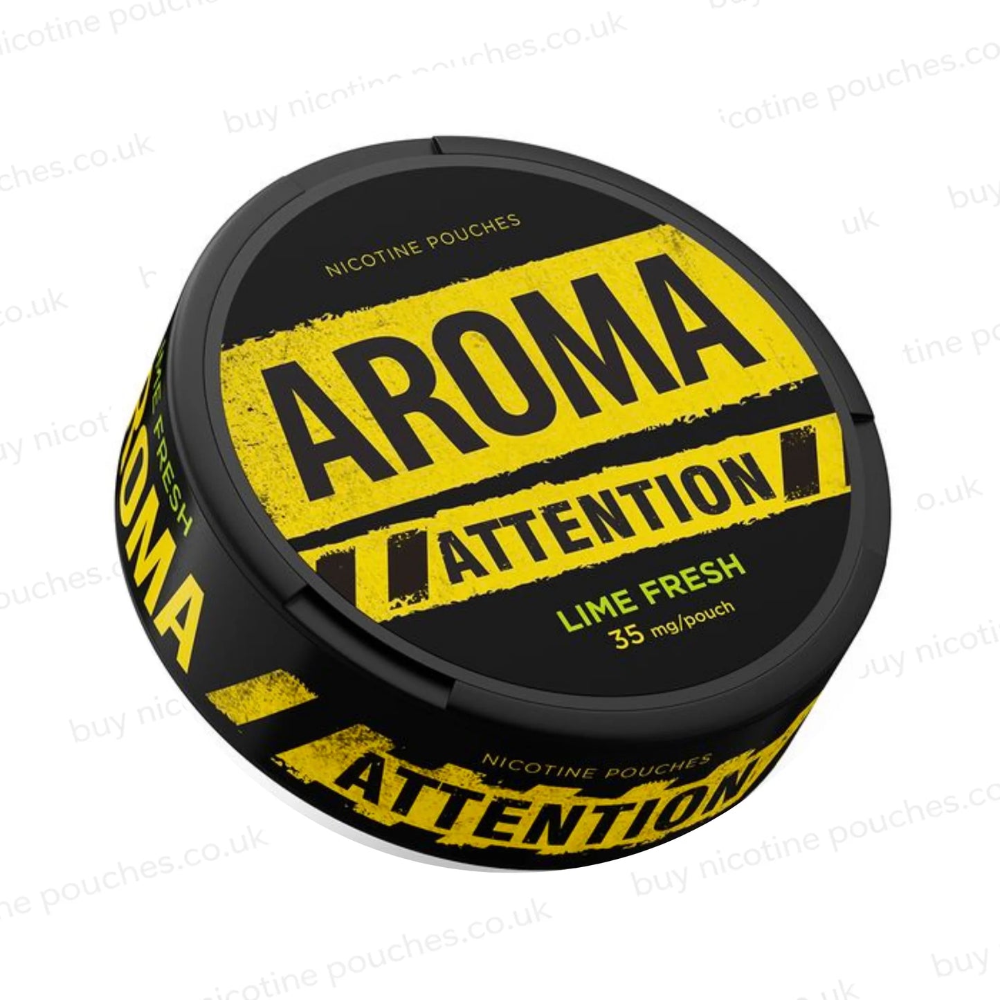 Angled shot of a black nicotine pouch container with yellow and green Aroma Attention Lime Fresh branding on a white background.