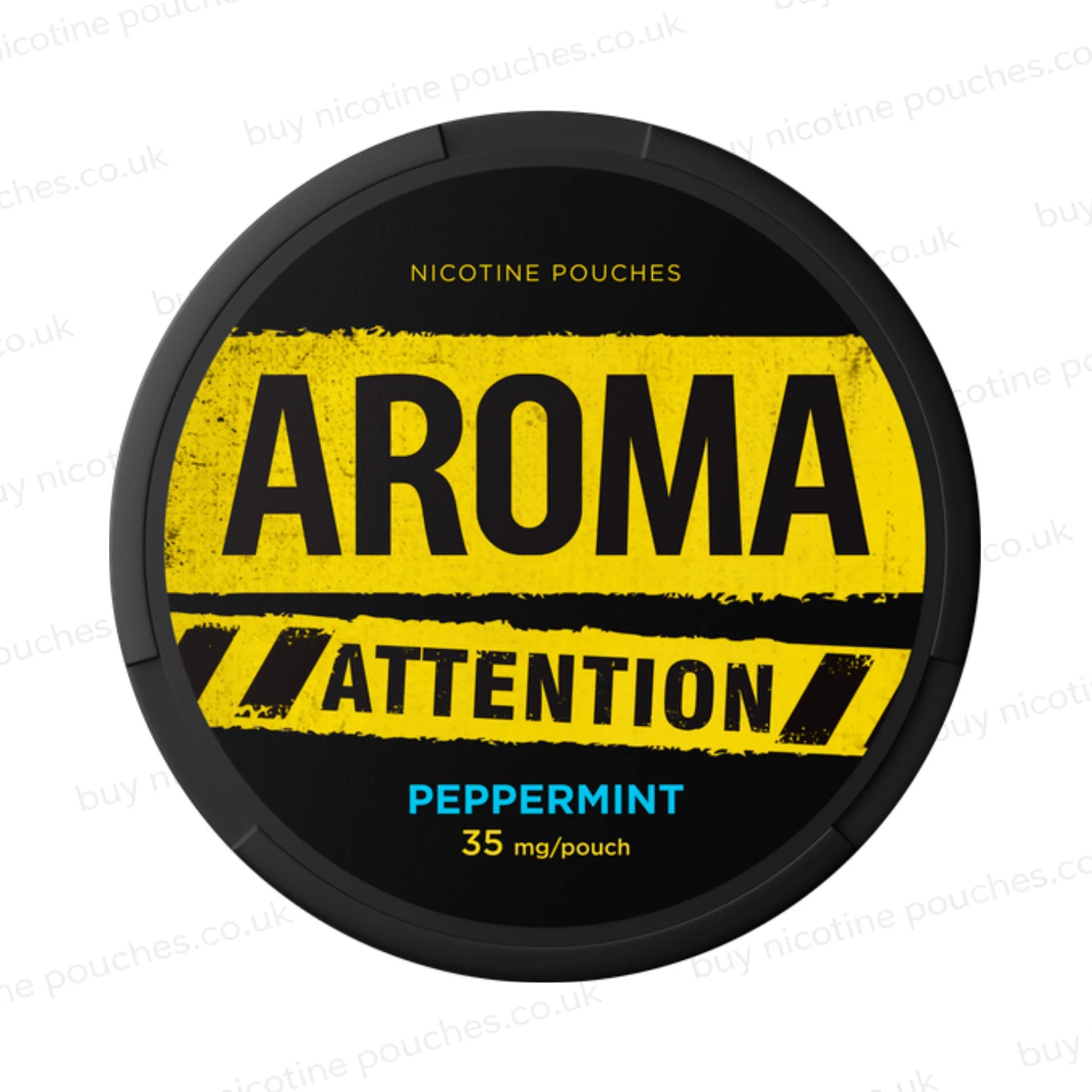 Black nicotine pouch container with yellow and blue Aroma Attention Peppermint branding on a white background.