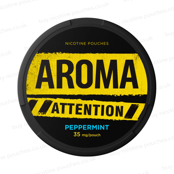 Black nicotine pouch container with yellow and blue Aroma Attention Peppermint branding on a white background.