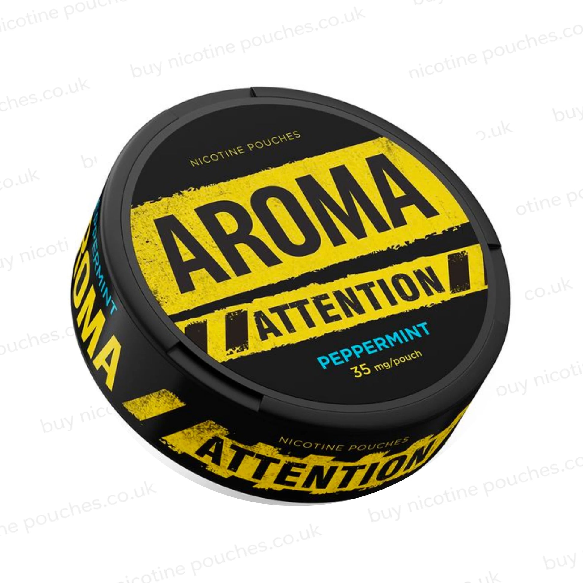 Angled shot of a black nicotine pouch container with yellow and blue Aroma Attention Peppermint branding on a white background.