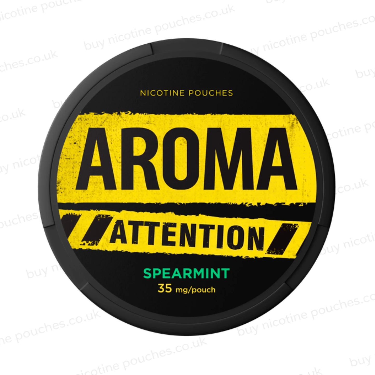 Black nicotine pouch container with yellow and green Aroma Attention Spearmint branding on a white background.