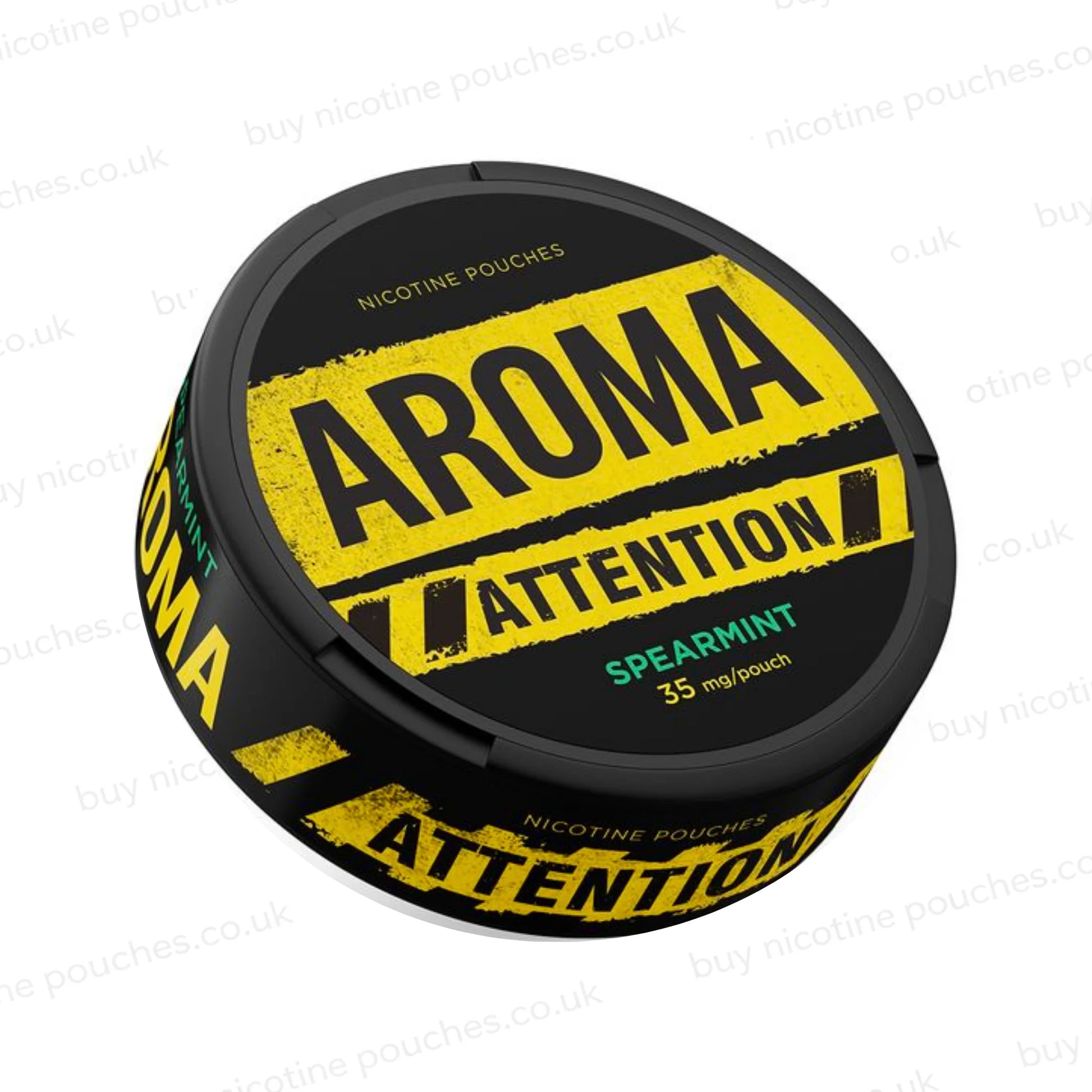 Angled shot of a black nicotine pouch container with yellow and green Aroma Attention Spearmint branding on a white background.