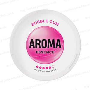 White nicotine pouch container with pink Aroma Essence Bubble Gum branding on a white background.